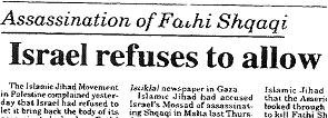 Fathi Shqaqi Newspaper headline saying that Israel refuses to allow shqaqi burial in Gaza