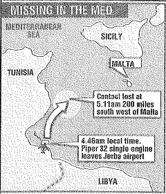 Flight Path Map published in the Belfast Telegraph showing route from Tunisia to Malta
