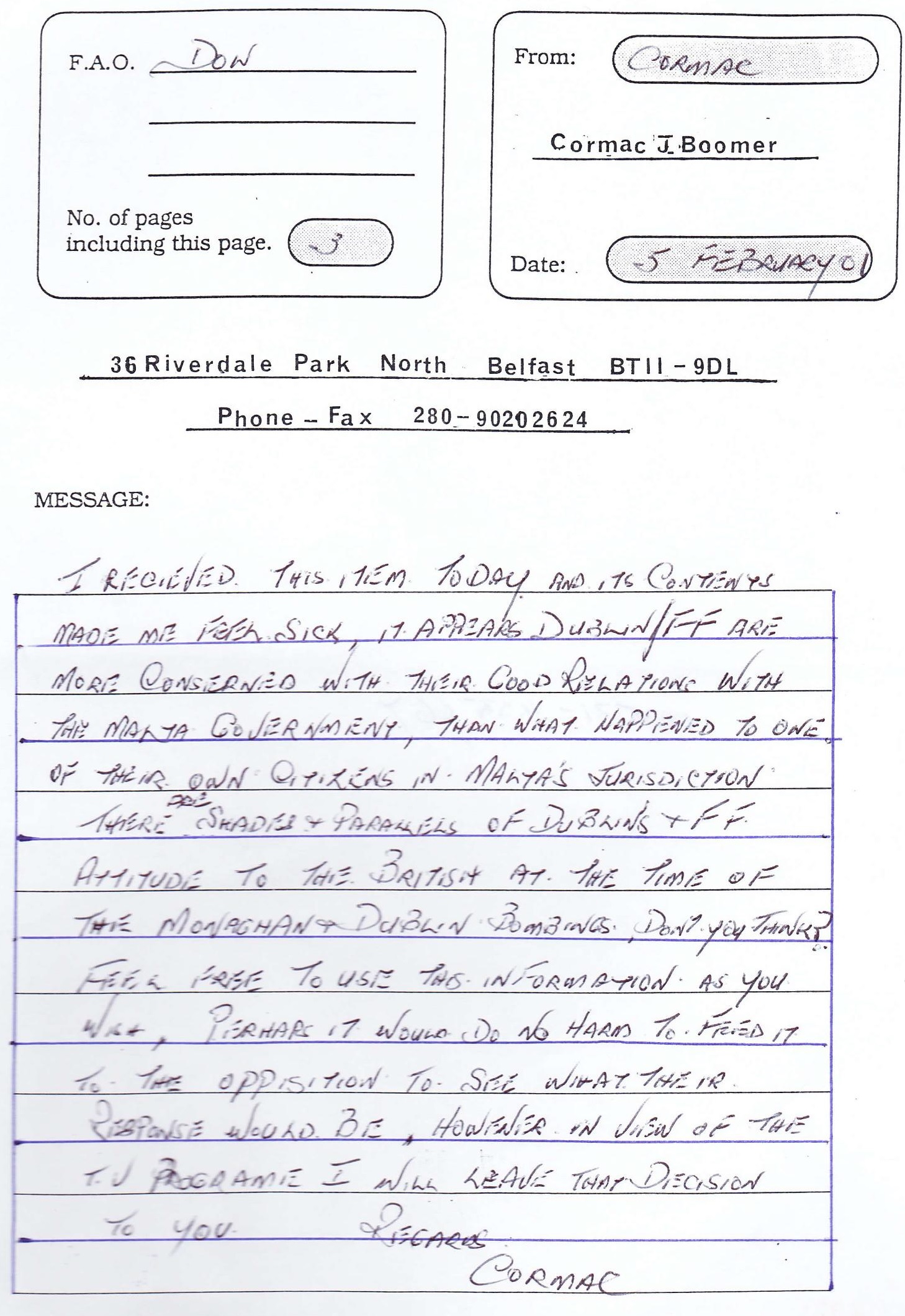 Fax from Cormac to Don