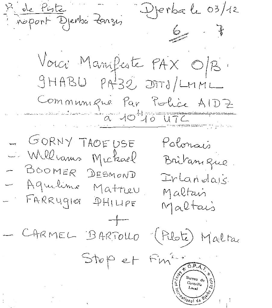 Flight Manifest presented to the inquiry for 9H-ABU showing the list of names of passengers and the pilot