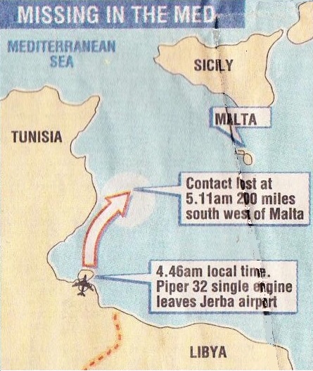 Flight Map A may of the Mediterranean showing the flight path from Tunisia to Malta