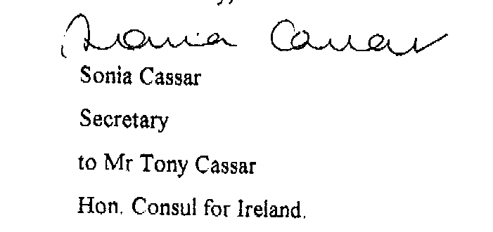 Signature of Sonia Cassar, Secretary to Hon, Consul For Ireland